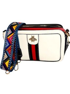 Bee Accent Colorblock Camera Crossbody Bag White Red Black With Guitar Strap